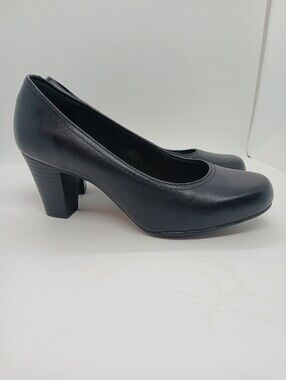 ​Clarks Shaya Poppy Black Leather Pumps Bendables Comfort Heels 7M
